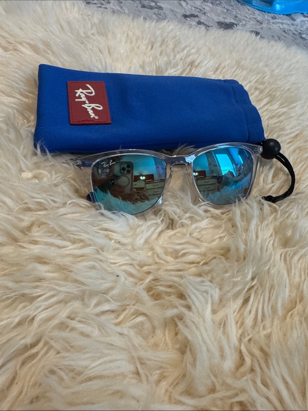 Ray-Ban jr kids Clear Frame Sunglasses with Blue Mirrored Lenses and Blue Pouch